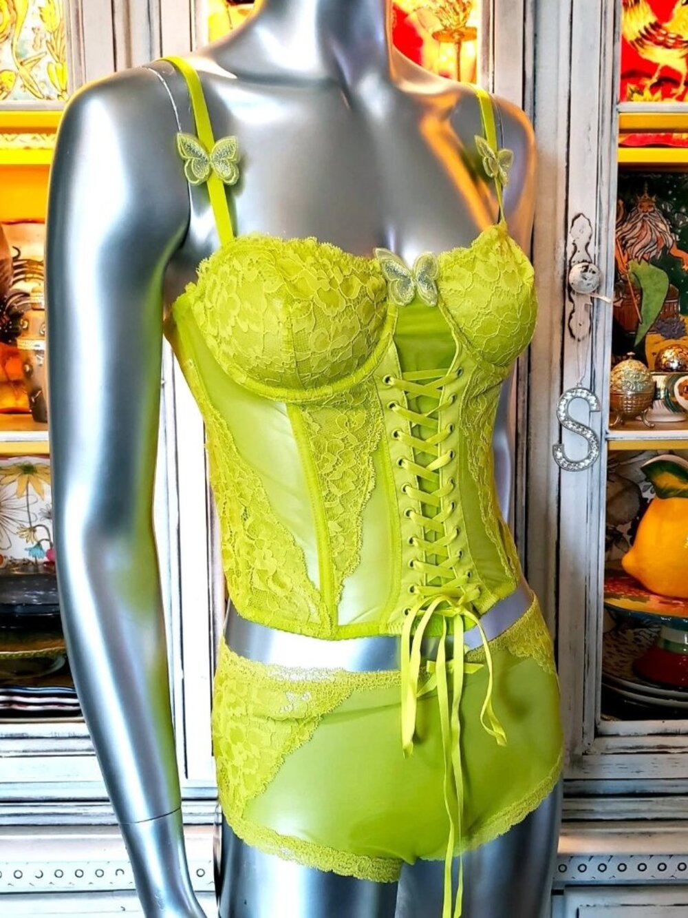 Betsey Johnson Corset Dress Top Panties Lingerie Set Green Lace Mesh Butterfly S - Picture 6 of 16
